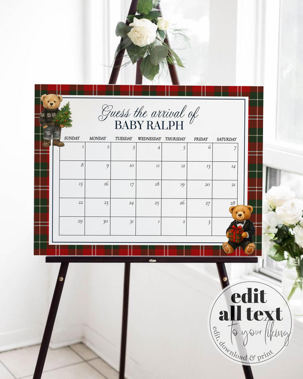 Christmas Template Bear Baby Shower Due Date Sign for Winter Teddy Bear Themed Baby Party Game Sign for Ralph Polo Vintage Luxury Party #068 - TheLovebirdsDesign