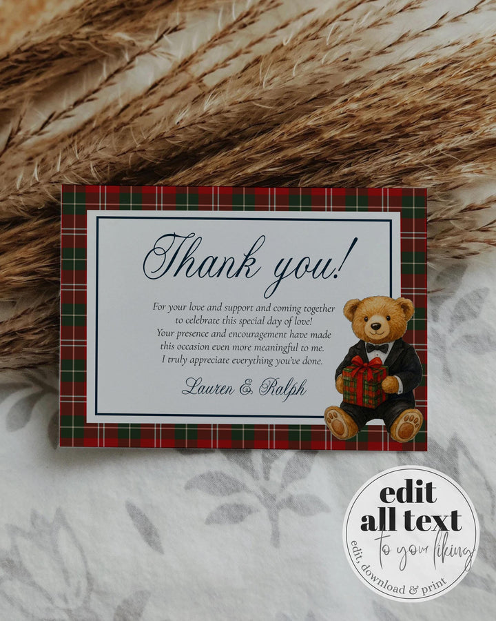Christmas Bear Thank you Card Template for Winter Baby Shower Ralph Vintage Luxury Polo Baby Shower Card Teddy Bear Theme #068 - TheLovebirdsDesign