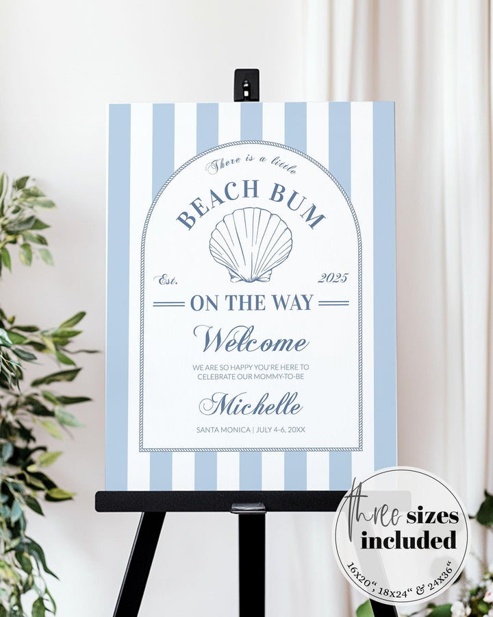 Summer Beach Bum Coastal Baby Shower Welcome Sign Nautical Summer Beach Baby Shower muted blue stripes Shell Pearl Printable Template #072 - TheLovebirdsDesign