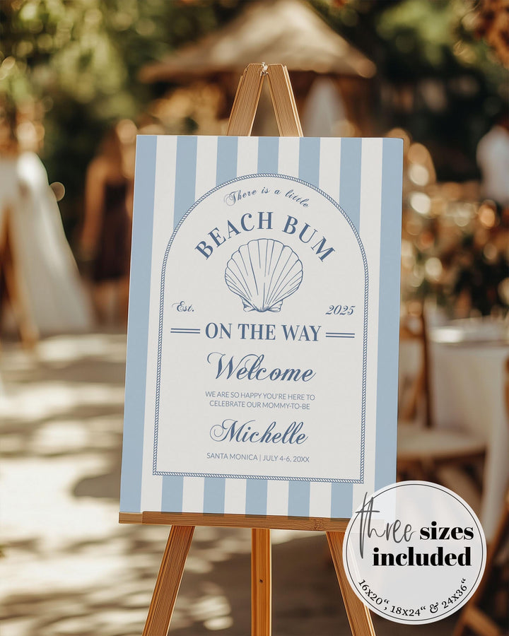 Summer Beach Bum Coastal Baby Shower Welcome Sign Nautical Summer Beach Baby Shower muted blue stripes Shell Pearl Printable Template #072 - TheLovebirdsDesign