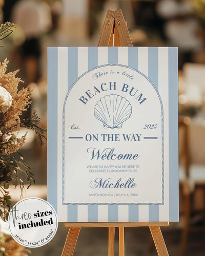 Summer Beach Bum Coastal Baby Shower Welcome Sign Nautical Summer Beach Baby Shower muted blue stripes Shell Pearl Printable Template #072 - TheLovebirdsDesign