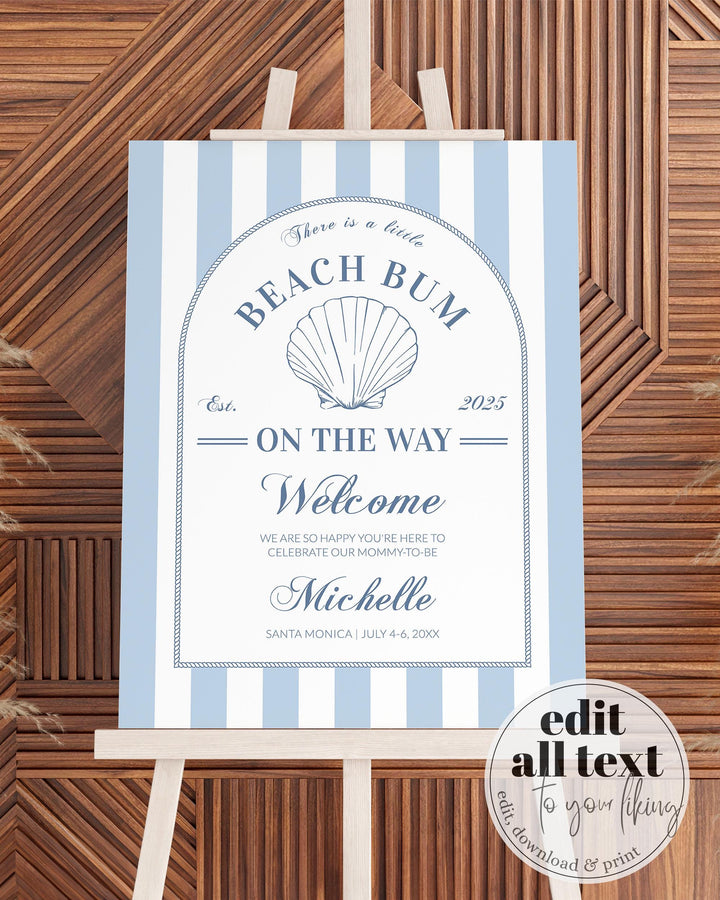Summer Beach Bum Coastal Baby Shower Welcome Sign Nautical Summer Beach Baby Shower muted blue stripes Shell Pearl Printable Template #072 - TheLovebirdsDesign