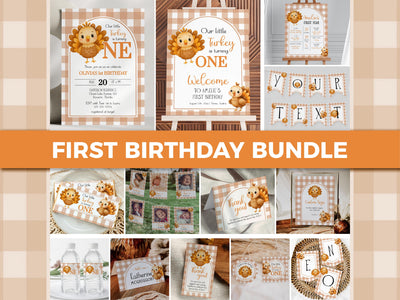 Our Little Turkey is Turning One First Birthday Bundle with Invitation Signs Tags Decor for Thanksgiving 1st Birthday Fall Autumn Party #068 - TheLovebirdsDesign