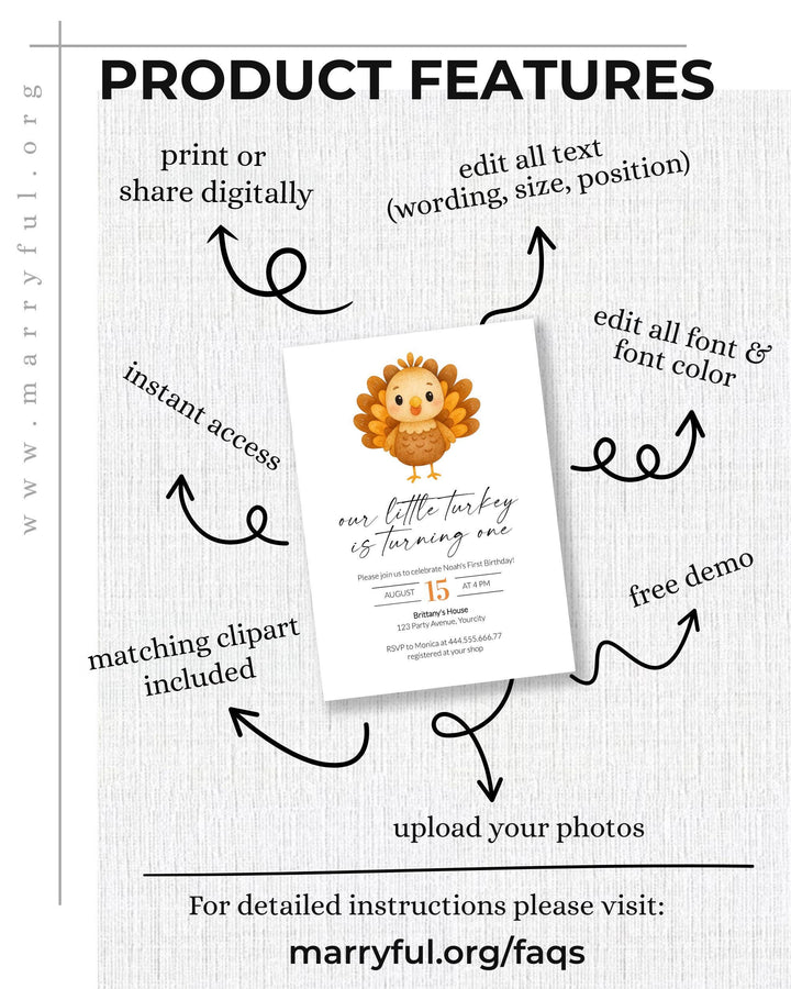 Thanksgiving Turkey First Birthday Invitation for Fall Our Little Turkey is Turning ONE 1st Birthday Party Invite Template Autumn #068 - TheLovebirdsDesign