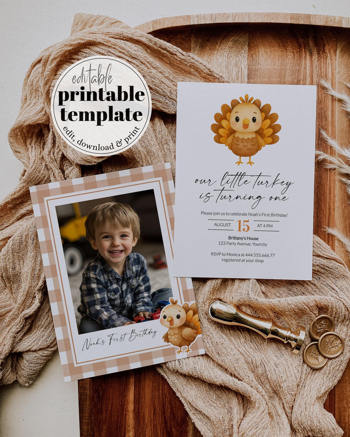 Thanksgiving Turkey First Birthday Invitation for Fall Our Little Turkey is Turning ONE 1st Birthday Party Invite Template Autumn #068 - TheLovebirdsDesign
