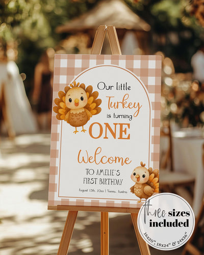 Our Little Turkey is Turning One First Birthday Welcome Sign Thanksgiving Turkey 1st Birthday Party Decor Sign Template for Fall Autumn #068 - TheLovebirdsDesign