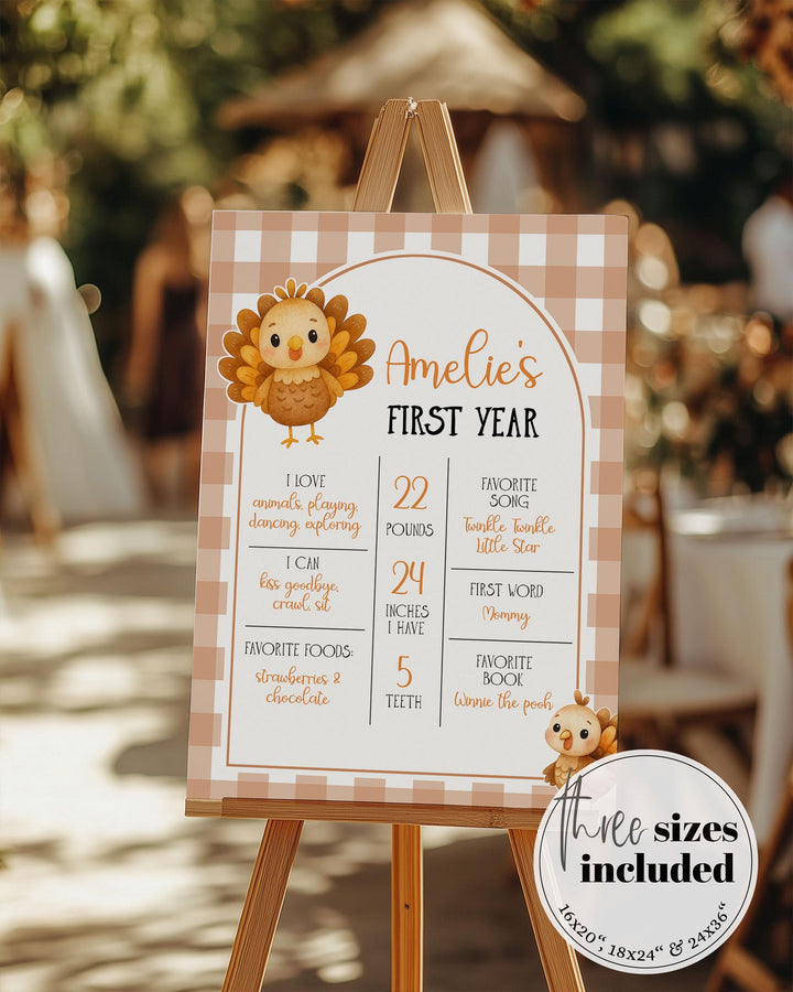 Turkey First Birthday Milestone Sign Template for a Fall Themed Babys 1st Birthday Autumn Thanksgiving Little Turkey Themed Party Sign #068 - TheLovebirdsDesign