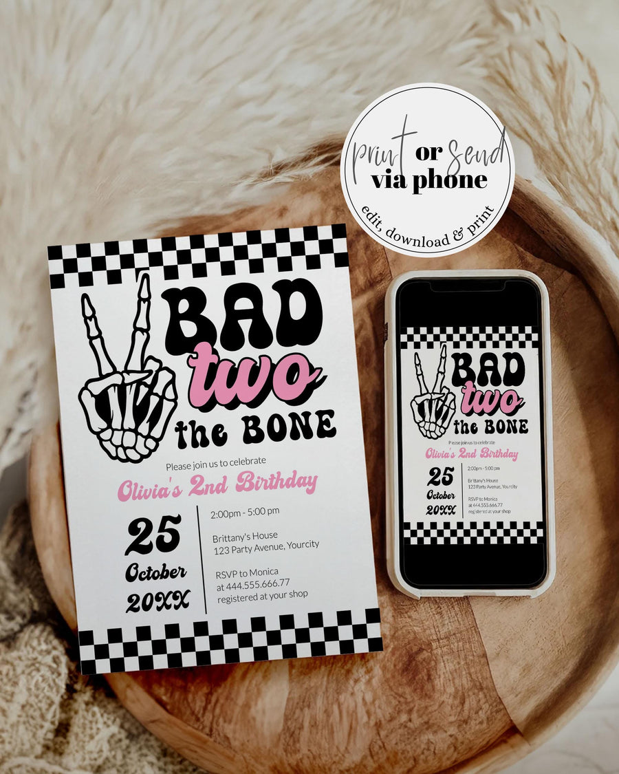 Bad to the Bone Birthday Invitation, Motorcycle Tattoo Skeleton Hand Girl Party Template 081BB-BINV - marryful.org