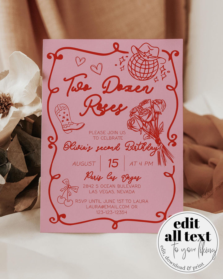 Two Dozen Roses Girls Birthday Invitation for Toddler Handwritten Cowgirl 2nd Birthday Invite Template Country Song Rodeo Birthday Bash #070 - TheLovebirdsDesign