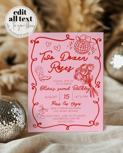 Two Dozen Roses Girls Birthday Invitation for Toddler Handwritten Cowgirl 2nd Birthday Invite Template Country Song Rodeo Birthday Bash #070 - TheLovebirdsDesign