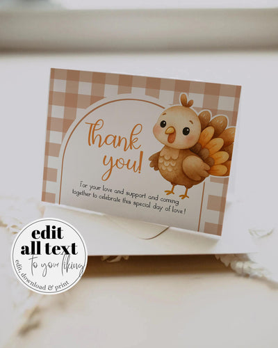 Thanksgiving Turkey Thank you Card Our Little Turkey is Turning One Thank you Note for First Birthday Editable Fall Autumn Template #068 - TheLovebirdsDesign