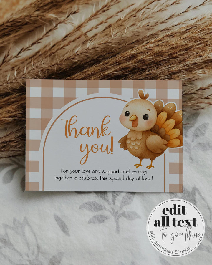 Thanksgiving Turkey Thank you Card Our Little Turkey is Turning One Thank you Note for First Birthday Editable Fall Autumn Template #068 - TheLovebirdsDesign