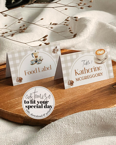 Coffee Bean Baby Shower Place Cards Coffee Shop Baby Brunch Food Labels for Baby is Brewing French Bakery Cafe Bebe Baby Party Template #068 - TheLovebirdsDesign