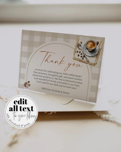 Coffee Bean Baby Shower Thank you Card for A Baby is Brewing Baby Brunch or French Cafe Bebe Bakery Themed Party Printable Template #068 - TheLovebirdsDesign