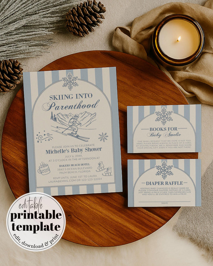 Skiing into Parenthood Apres Ski Baby Shower Invitation Suite Snowflake and Mountain Ski Party Winter Baby Sprinkle Invite Template #072 - TheLovebirdsDesign