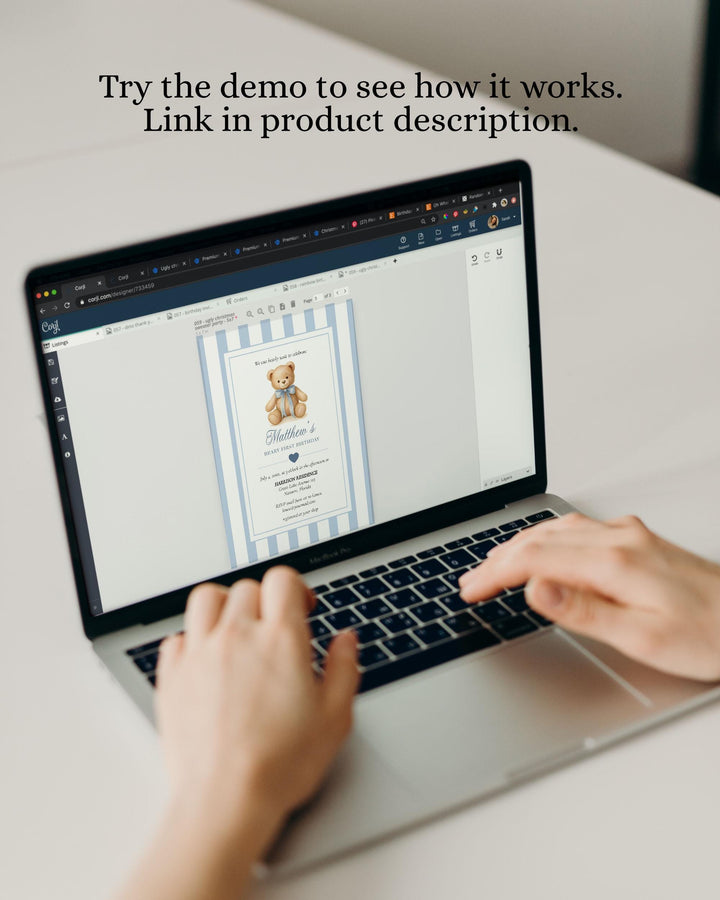 Blue Beary First Birthday Invitation Template for Boys Teddy Bear Themed 1st Birthday Invite with Bow Vintage Classic Luxurious Party #068 - TheLovebirdsDesign