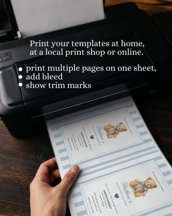 Blue Beary First Birthday Invitation Template for Boys Teddy Bear Themed 1st Birthday Invite with Bow Vintage Classic Luxurious Party #068 - TheLovebirdsDesign