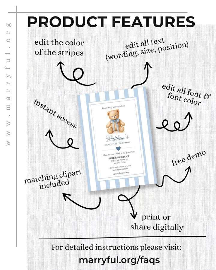 Blue Beary First Birthday Invitation Template for Boys Teddy Bear Themed 1st Birthday Invite with Bow Vintage Classic Luxurious Party #068 - TheLovebirdsDesign