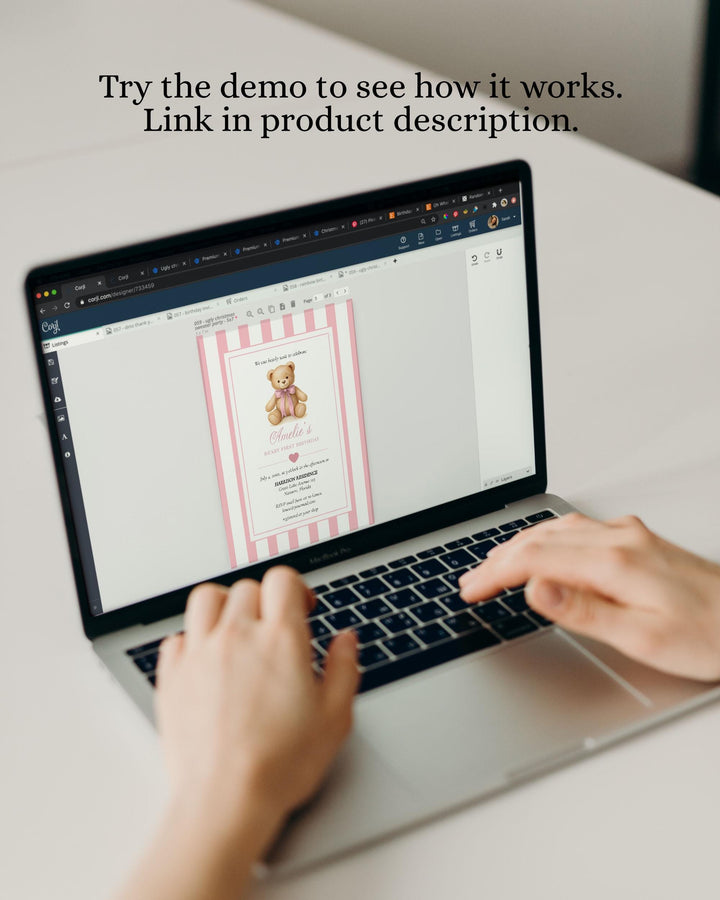 Pink Beary First Birthday Invitation Template for Girls Teddy Bear Themed 1st Birthday Invite with Bow Vintage Classic Luxurious Party #068 - TheLovebirdsDesign