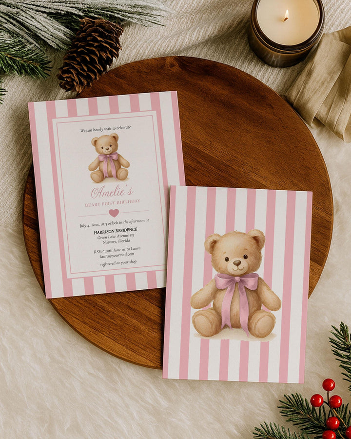 Pink Beary First Birthday Invitation Template for Girls Teddy Bear Themed 1st Birthday Invite with Bow Vintage Classic Luxurious Party #068 - TheLovebirdsDesign