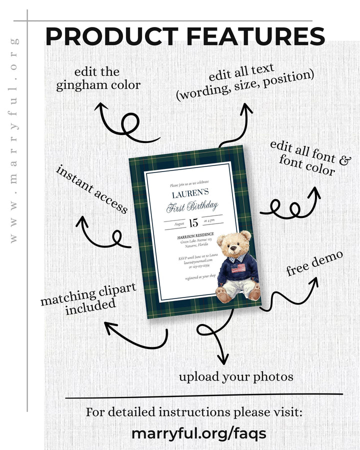 Beary First Birthday Vintage Polo Teddy Bear Birthday Bundle for Boy RL 1st Birthday Suite Invitation Signs and Decor Editable Template #068 - TheLovebirdsDesign