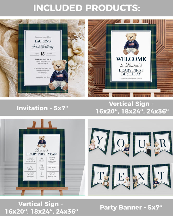 Beary First Birthday Vintage Polo Teddy Bear Birthday Bundle for Boy RL 1st Birthday Suite Invitation Signs and Decor Editable Template #068 - TheLovebirdsDesign