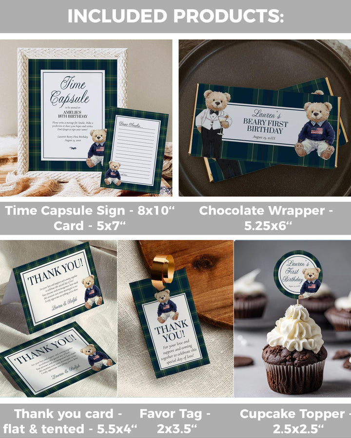 Beary First Birthday Vintage Polo Teddy Bear Birthday Bundle for Boy RL 1st Birthday Suite Invitation Signs and Decor Editable Template #068 - TheLovebirdsDesign