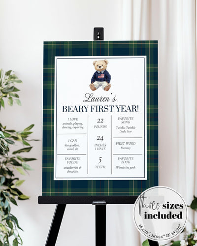 Beary First Birthday Teddy Bear First Year Milestone Sign Template RL 1st Birthday Party Decoration for Boy Vintage Classic Navi Tartan #068 - TheLovebirdsDesign