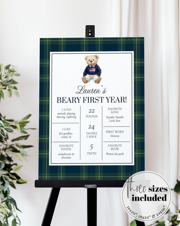 Beary First Birthday Teddy Bear First Year Milestone Sign Template RL 1st Birthday Party Decoration for Boy Vintage Classic Navi Tartan #068 - TheLovebirdsDesign