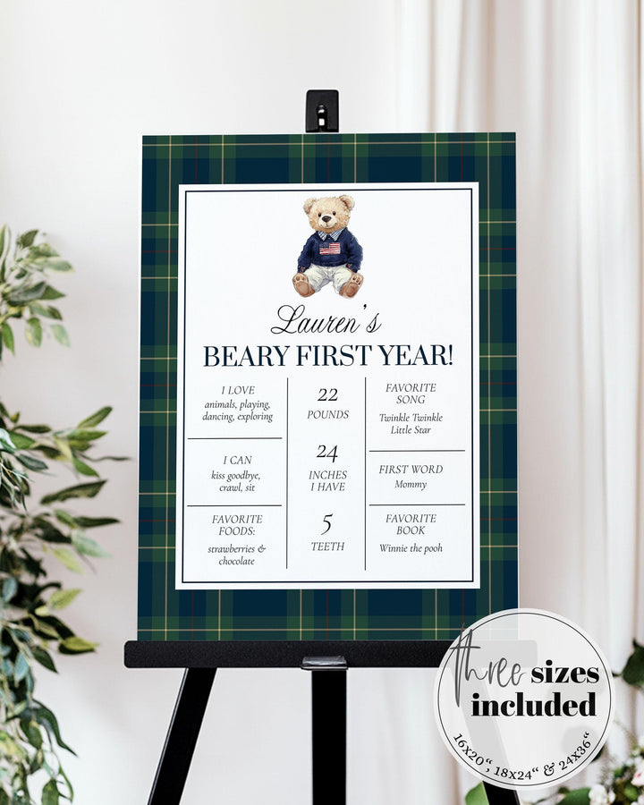 Beary First Birthday Teddy Bear First Year Milestone Sign Template RL 1st Birthday Party Decoration for Boy Vintage Classic Navi Tartan #068 - TheLovebirdsDesign
