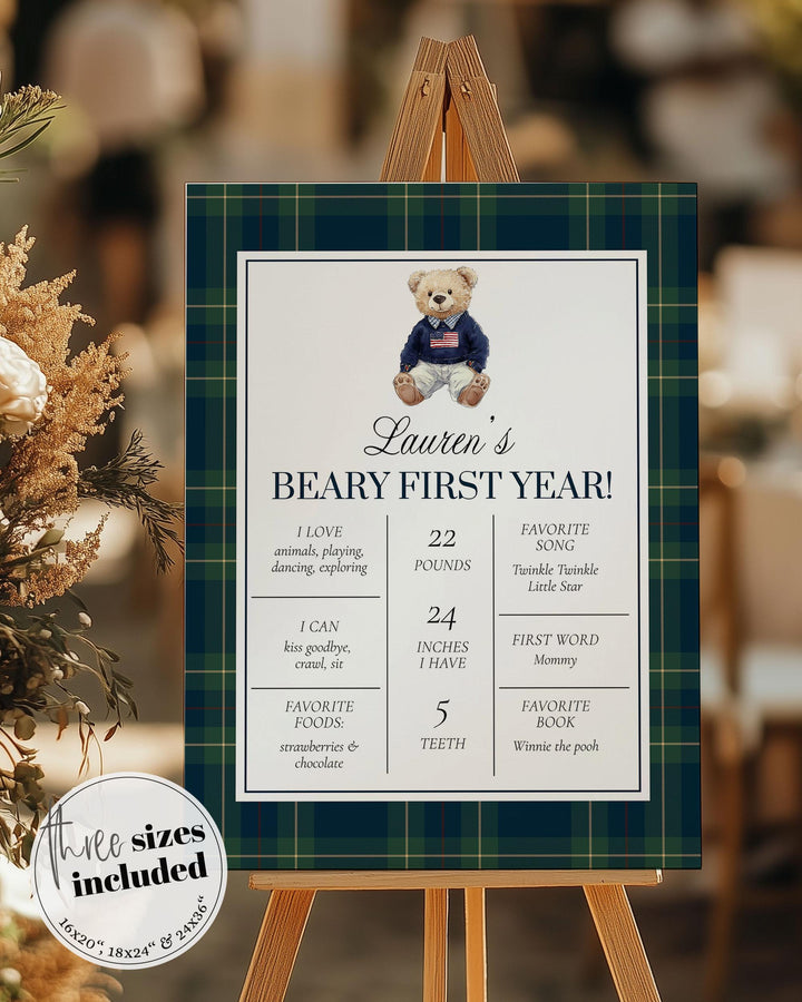 Beary First Birthday Teddy Bear First Year Milestone Sign Template RL 1st Birthday Party Decoration for Boy Vintage Classic Navi Tartan #068 - TheLovebirdsDesign