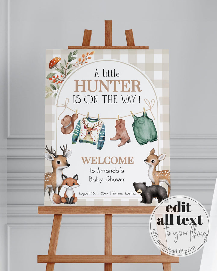 Forest Animal Hunter Baby Shower Welcome Sign Template with Baby Clothes Line Little Hunter Baby Shower Decor Sign for Boys #068 - TheLovebirdsDesign