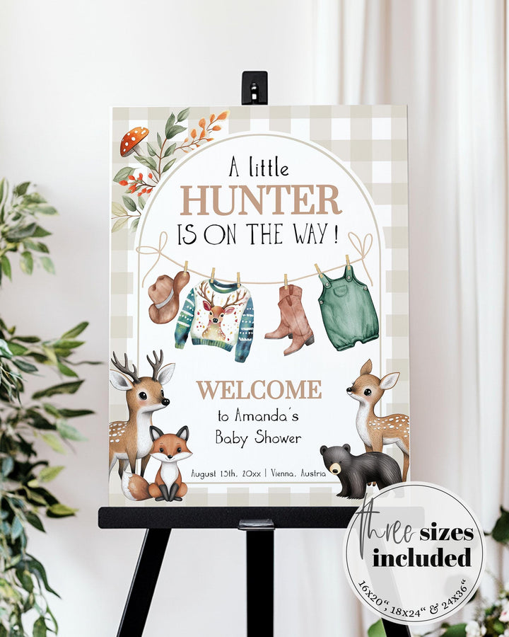Forest Animal Hunter Baby Shower Welcome Sign Template with Baby Clothes Line Little Hunter Baby Shower Decor Sign for Boys #068 - TheLovebirdsDesign