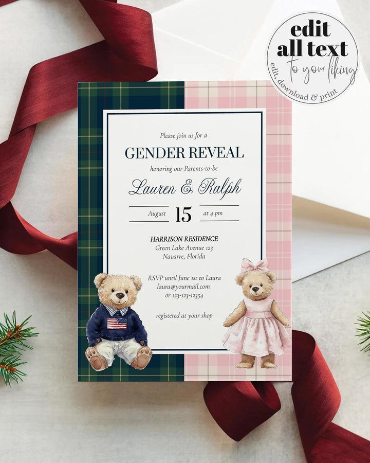 Teddy Bear Gender Reveal Invitation Template Vintage Classic Tartan Plaid for Boys and Girls, Editable Polo Bear Invite Elegant Theme #068rl - TheLovebirdsDesign