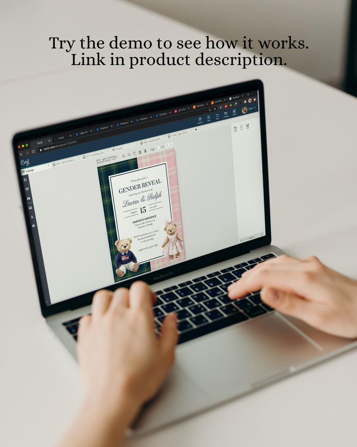 Teddy Bear Gender Reveal Invitation Template Vintage Classic Tartan Plaid for Boys and Girls, Editable Polo Bear Invite Elegant Theme #068rl - TheLovebirdsDesign