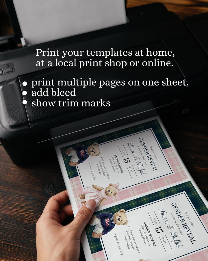 Teddy Bear Gender Reveal Invitation Template Vintage Classic Tartan Plaid for Boys and Girls, Editable Polo Bear Invite Elegant Theme #068rl - TheLovebirdsDesign