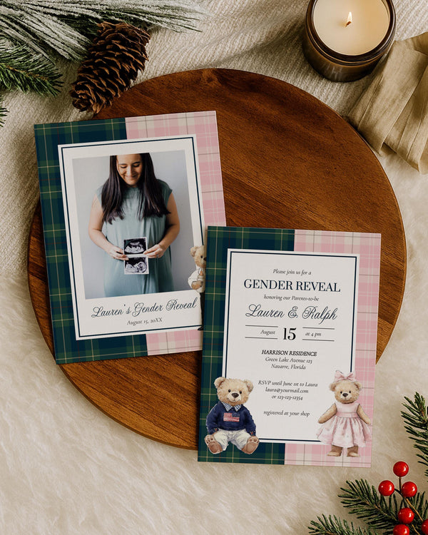 Teddy Bear Gender Reveal Invitation Template Vintage Classic Tartan Plaid for Boys and Girls, Editable Polo Bear Invite Elegant Theme #068rl - TheLovebirdsDesign