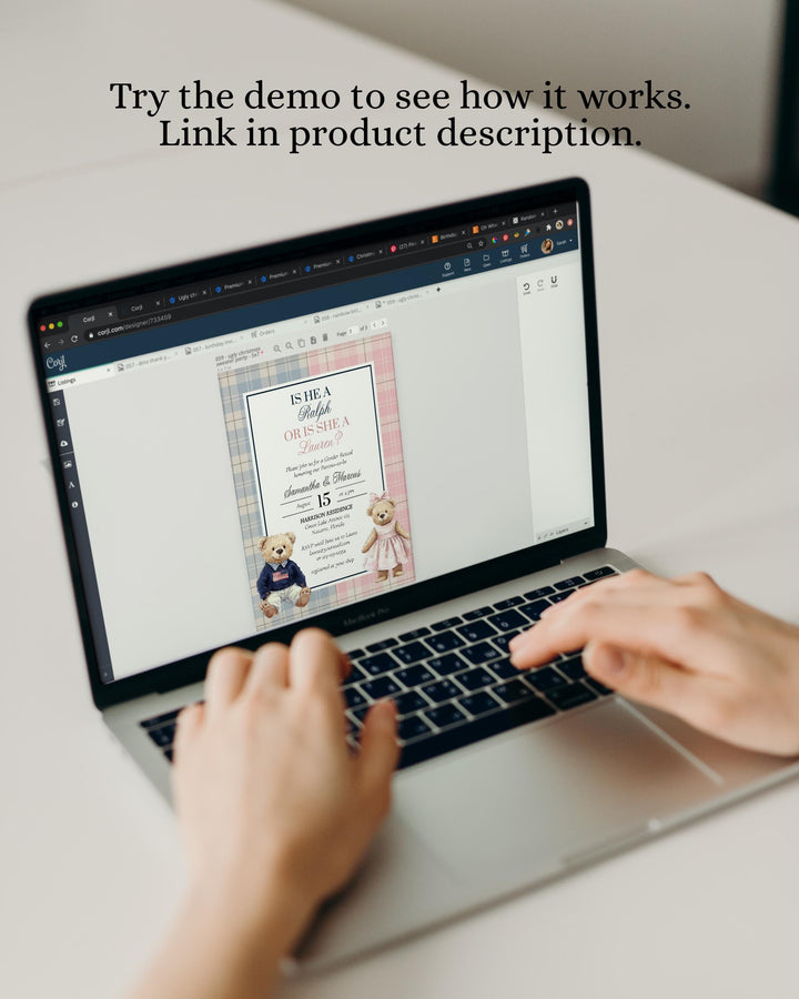 Polo Teddy Bear Gender Reveal invitation Template with Blue and Pink Tartan Plaid Vintage Classic Baby Party Luxury Polo Bear Theme #068rl - TheLovebirdsDesign