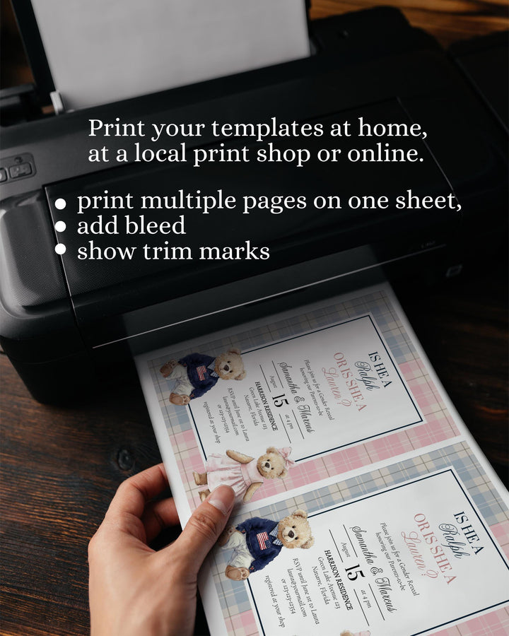 Polo Teddy Bear Gender Reveal invitation Template with Blue and Pink Tartan Plaid Vintage Classic Baby Party Luxury Polo Bear Theme #068rl - TheLovebirdsDesign