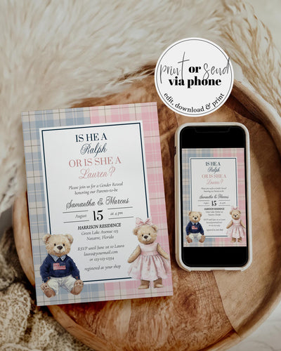Polo Teddy Bear Gender Reveal invitation Template with Blue and Pink Tartan Plaid Vintage Classic Baby Party Luxury Polo Bear Theme #068rl - TheLovebirdsDesign