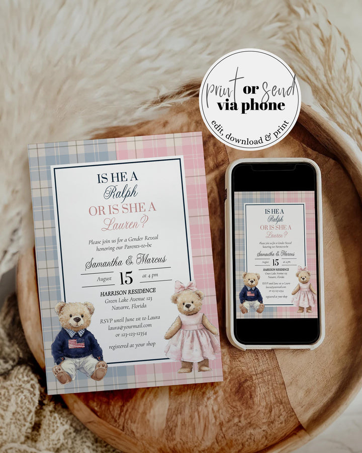 Polo Teddy Bear Gender Reveal invitation Template with Blue and Pink Tartan Plaid Vintage Classic Baby Party Luxury Polo Bear Theme #068rl - TheLovebirdsDesign