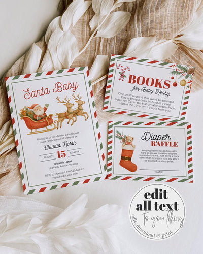 Santa Baby Christmas Baby Shower Invitation Suite with Santa Claus in a Sleigh with his Reindeers December Baby Shower Invite Template #072 - TheLovebirdsDesign