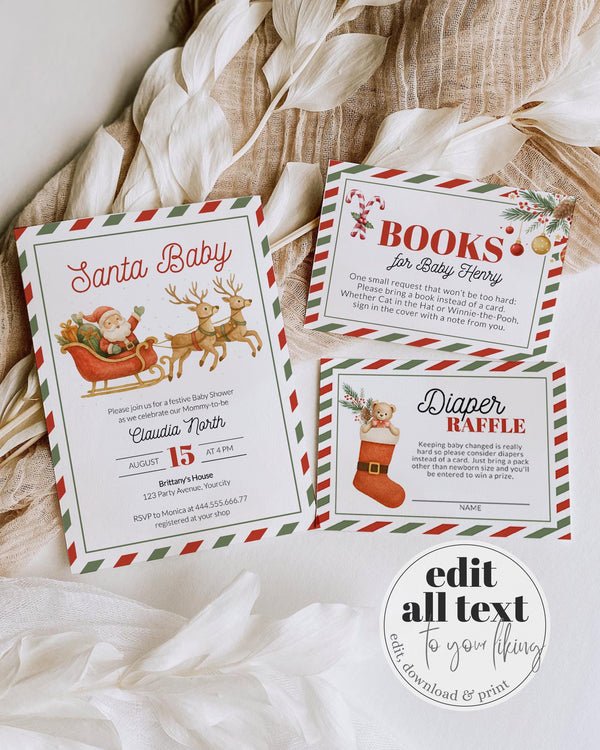 Santa Baby Christmas Baby Shower Invitation Suite with Santa Claus in a Sleigh with his Reindeers December Baby Shower Invite Template #072 - TheLovebirdsDesign