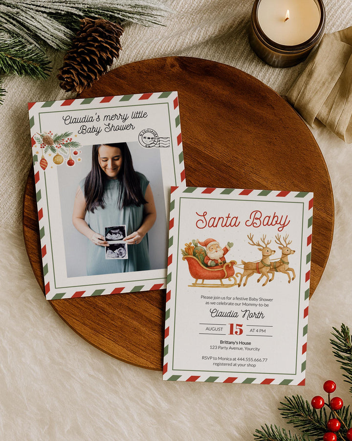 Santa Baby Christmas Baby Shower Invitation Suite with Santa Claus in a Sleigh with his Reindeers December Baby Shower Invite Template #072 - TheLovebirdsDesign