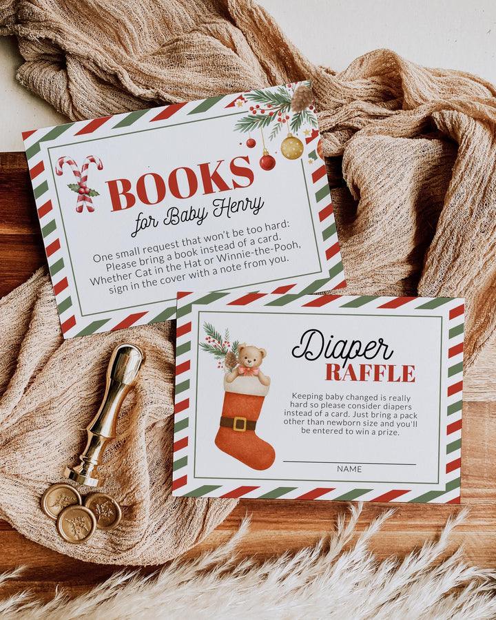 Santa Baby Christmas Baby Shower Invitation Suite with Santa Claus in a Sleigh with his Reindeers December Baby Shower Invite Template #072 - TheLovebirdsDesign