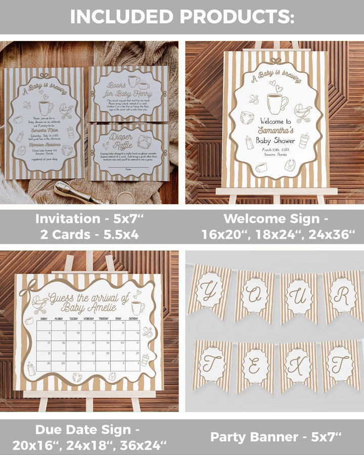 Hand Drawn Coffee Bean Baby Shower Bundle Invitation Signs Decor for Baby is Brewing Brunch at Cafe Bebe French Bakery Party Templates #070 - TheLovebirdsDesign
