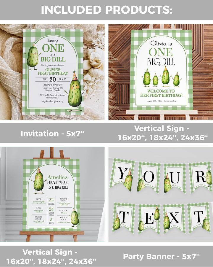 ONE Big Dill Pickle themed Birthday Bundle with Invitation and Decor for First Birthday Boy or Girl Pickle Party Template 1st Birthday #068 - TheLovebirdsDesign