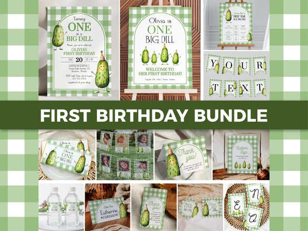 ONE Big Dill Pickle themed Birthday Bundle with Invitation and Decor for First Birthday Boy or Girl Pickle Party Template 1st Birthday #068 - TheLovebirdsDesign