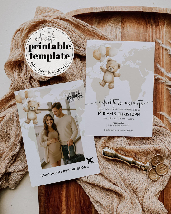 Beige Gender Neutral Adventure Awaits Baby Shower Invitation for Boy or Girl Cute Teddy Bear and Balloon Travel Themed Invite Template #072w - TheLovebirdsDesign
