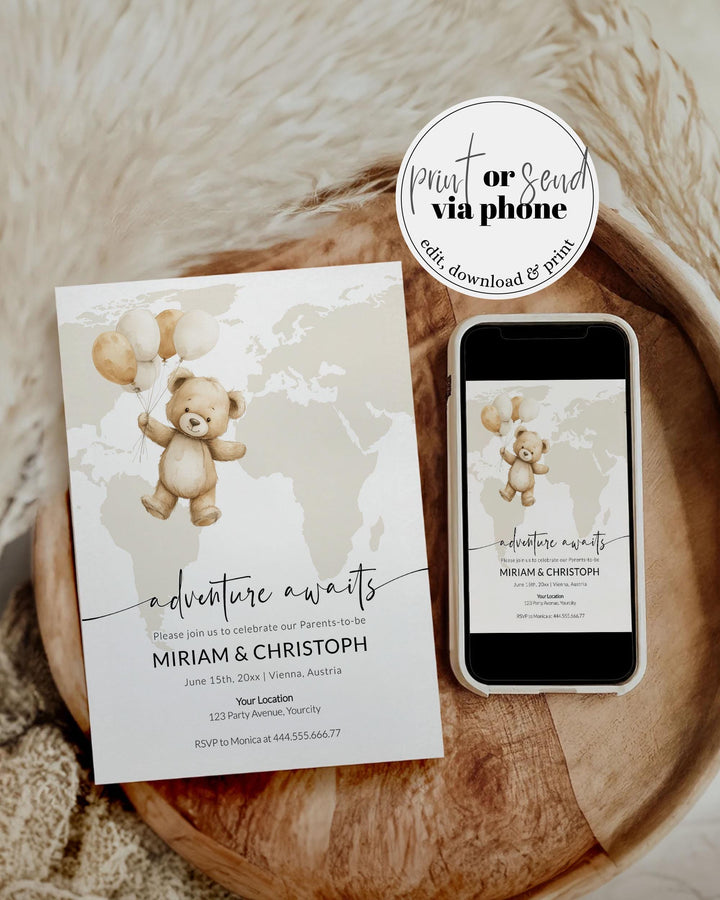 Beige Gender Neutral Adventure Awaits Baby Shower Invitation for Boy or Girl Cute Teddy Bear and Balloon Travel Themed Invite Template #072w - TheLovebirdsDesign